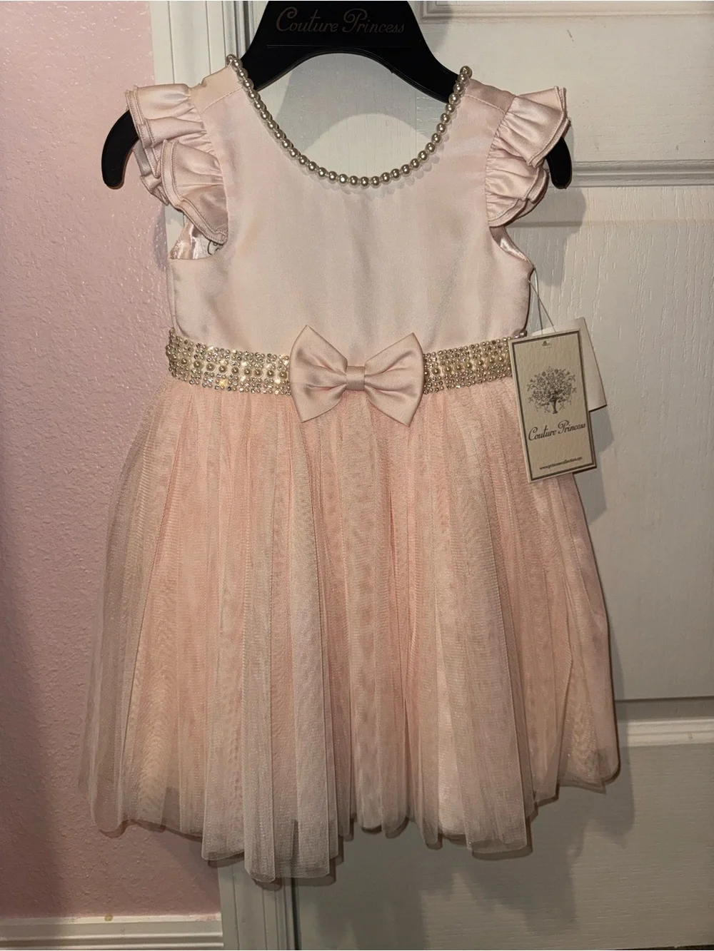 Couture Princess Pearl-Trim Pink Tulle Party Dress for Girls